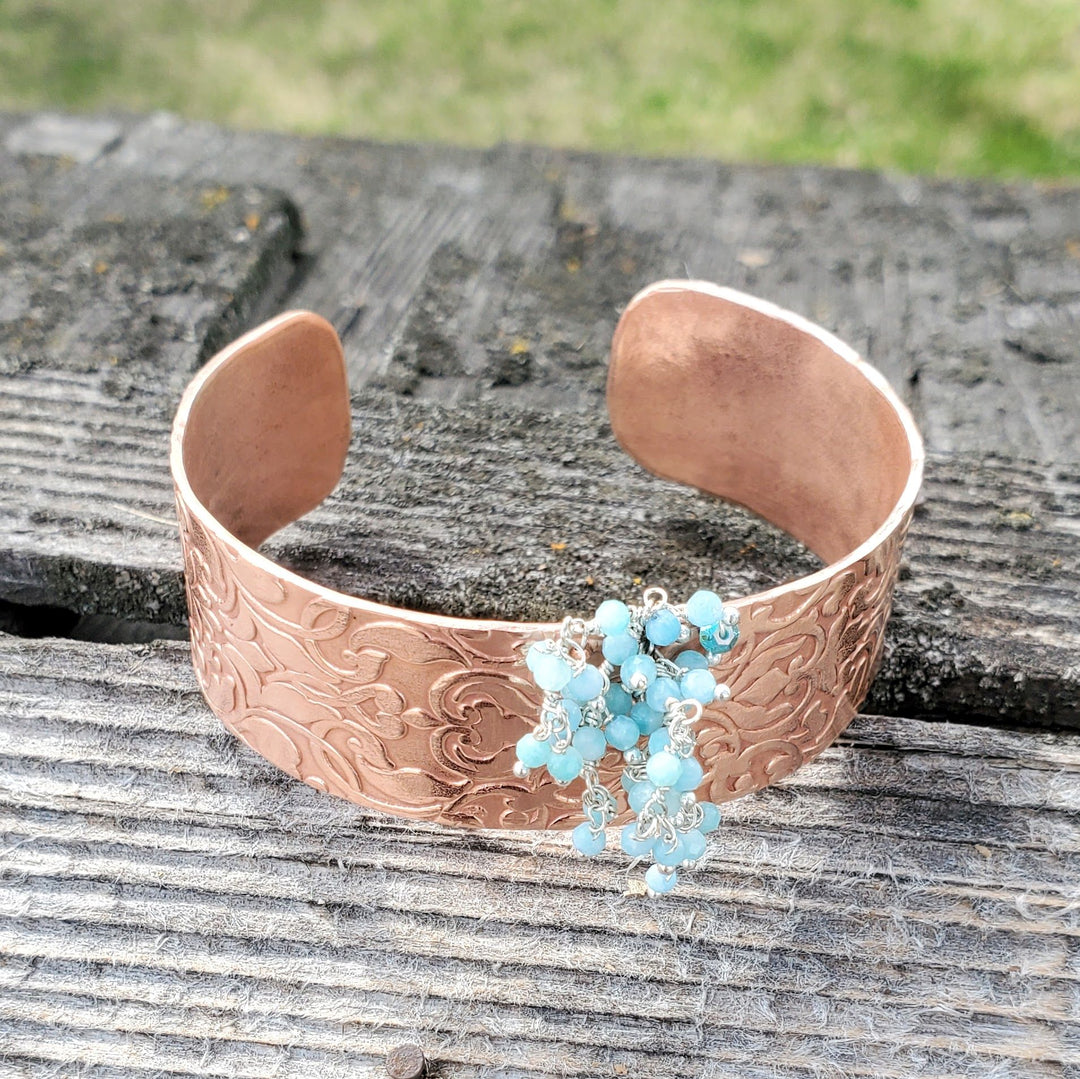Turquoise Dangle Wide Hammered Copper Cuffs