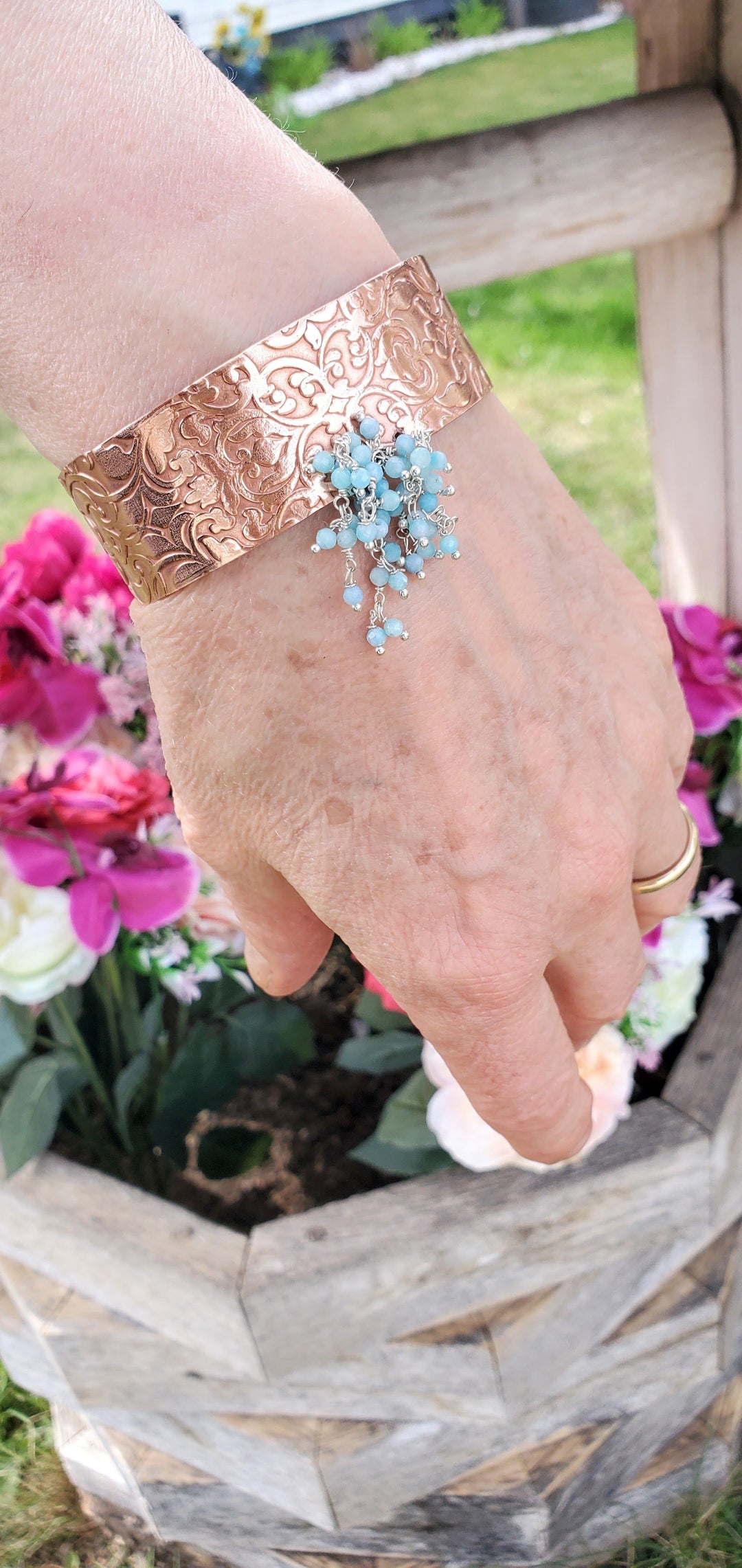 Turquoise Dangle Wide Hammered Copper Cuffs