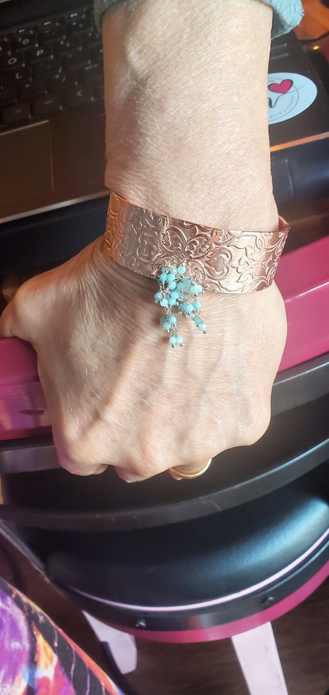 Turquoise Dangle Wide Hammered Copper Cuffs
