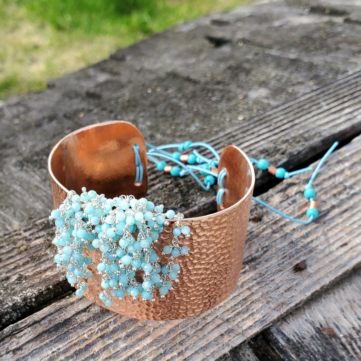 Turquoise Dangle Wide Hammered Copper Cuffs