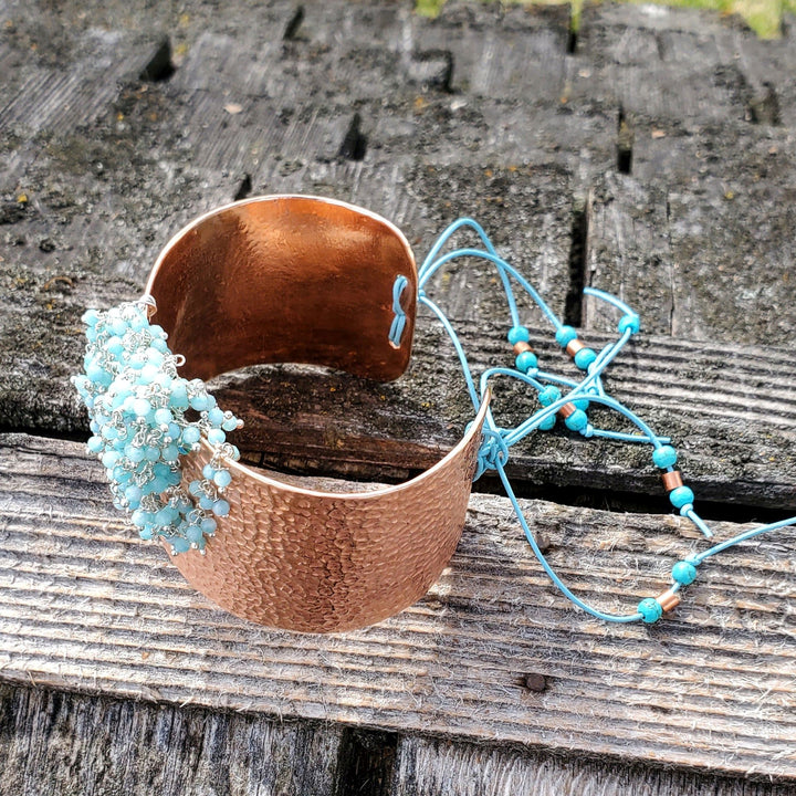 Turquoise Dangle Wide Hammered Copper Cuffs