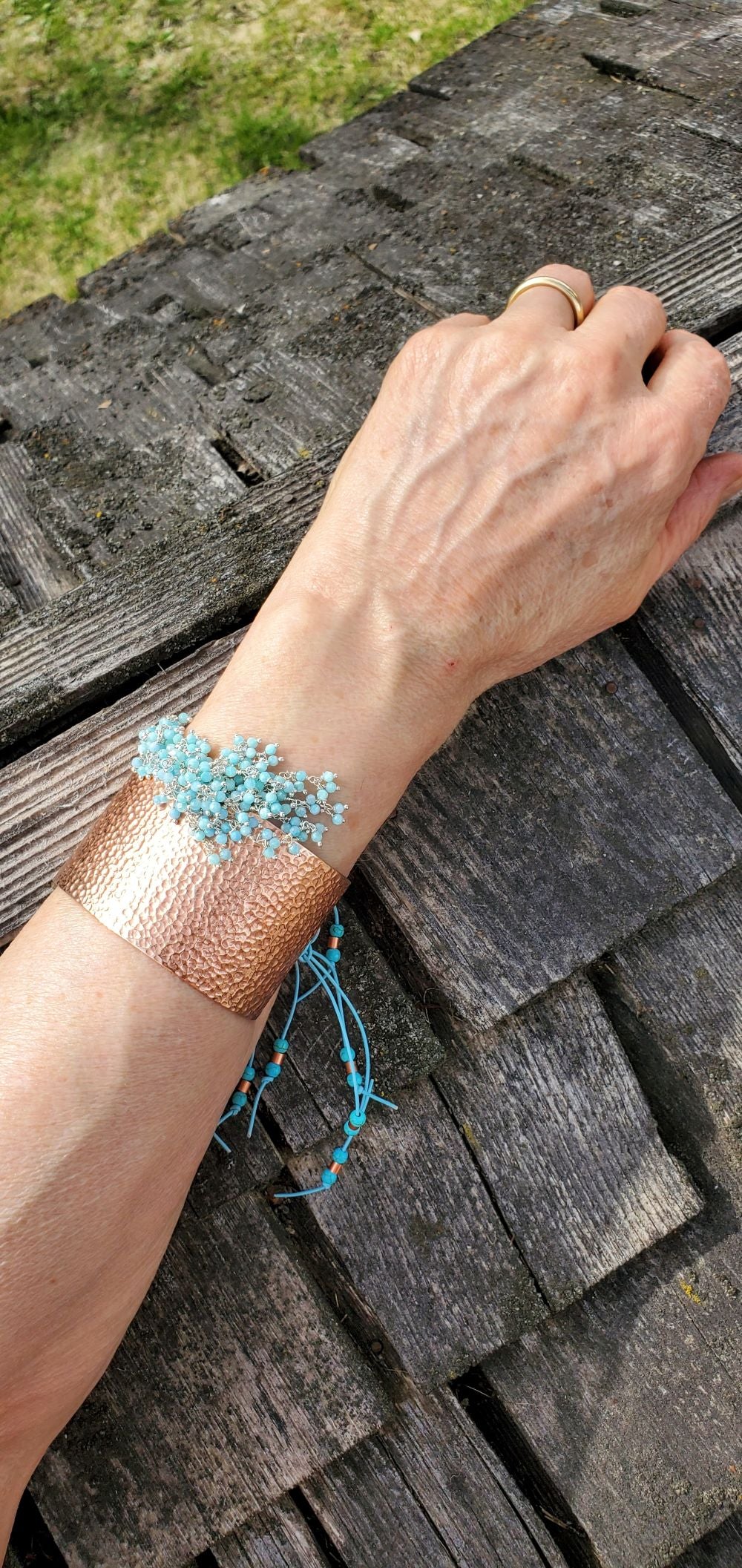 Turquoise Dangle Wide Hammered Copper Cuffs