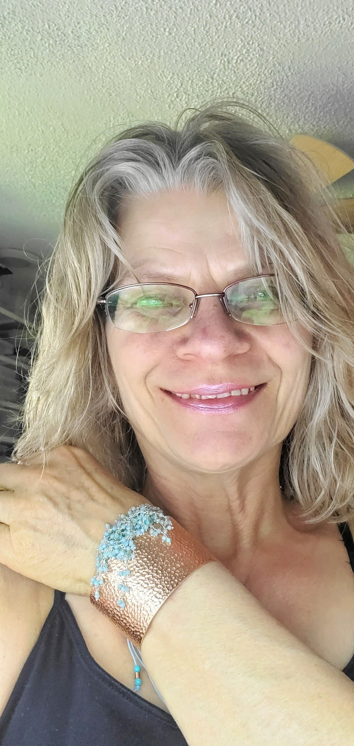Turquoise Dangle Wide Hammered Copper Cuffs
