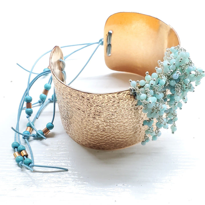 Turquoise Dangle Wide Hammered Copper Cuffs