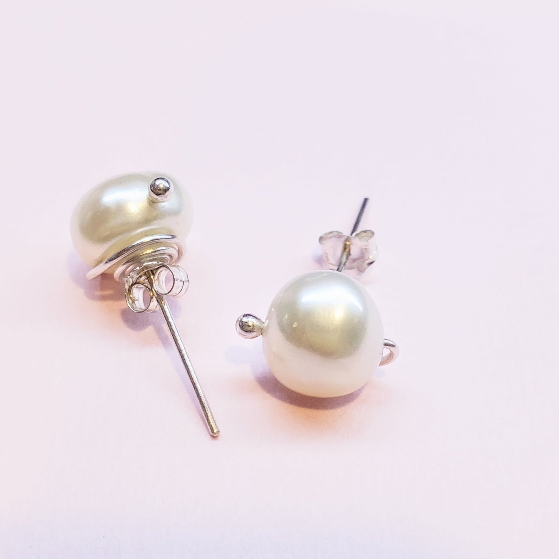 AMD1309 Handmade 10mm Lustrous Baroque Freshwater Pearl Silver Spiral Studs - Ear Studs - Alexa Martha Designs   
