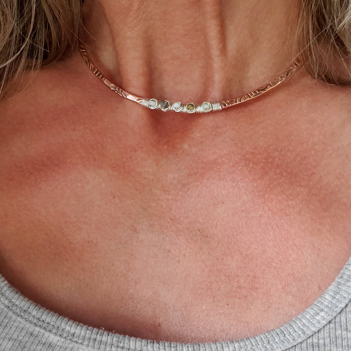 AMD1317 Ergonomic Copper Sculpted Embossed Wire Wrapped Opal Labradorite Gemstone Choker - Choker Necklace - Alexa Martha Designs   
