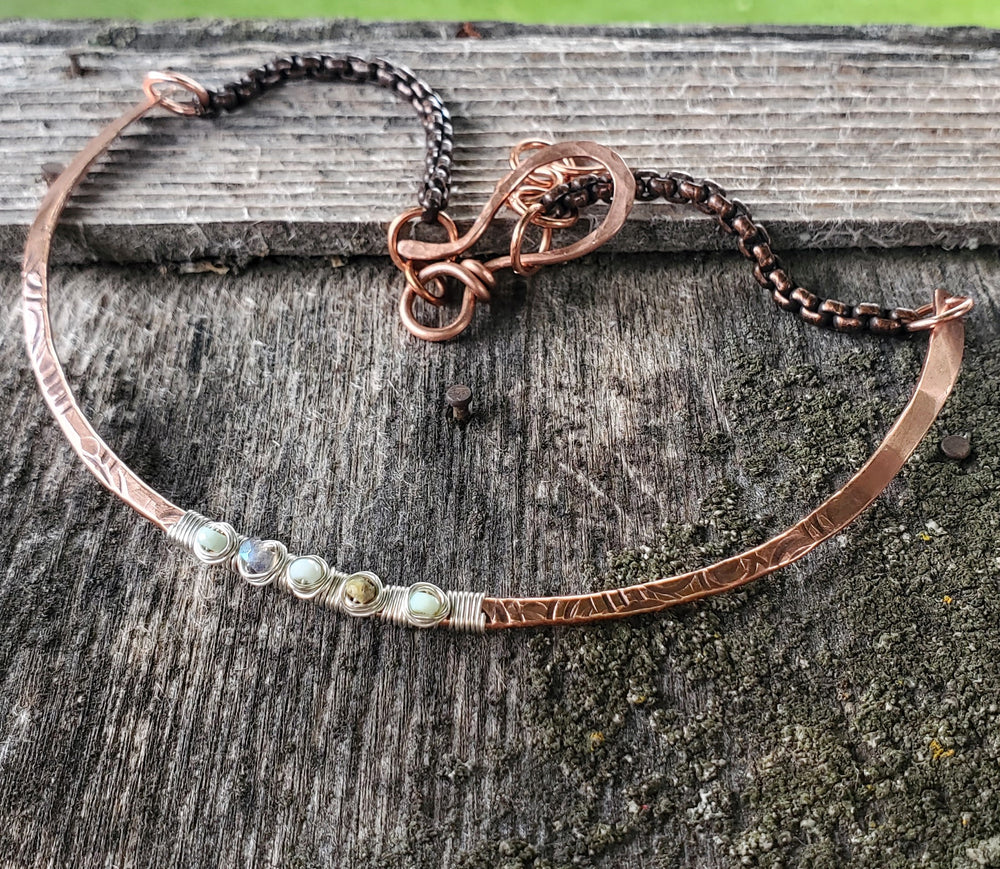 AMD1317 Ergonomic Copper Sculpted Embossed Wire Wrapped Opal Labradorite Gemstone Choker - Necklace - Alexa Martha Designs   