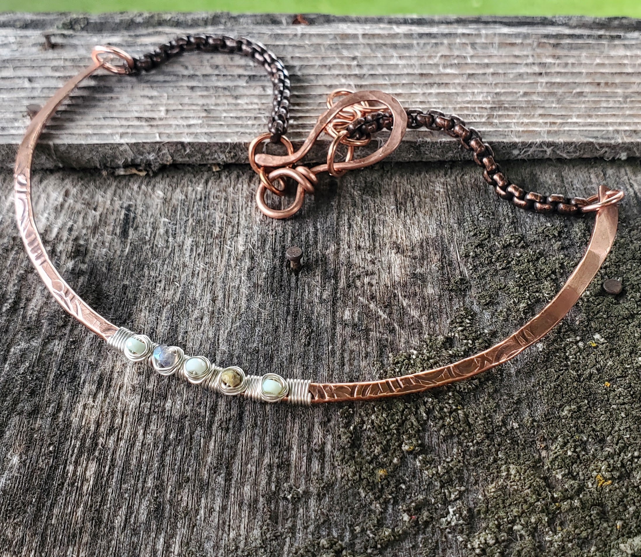 AMD1317 Ergonomic Copper Sculpted Embossed Wire Wrapped Opal Labradorite Gemstone Choker - Choker Necklace - Alexa Martha Designs   