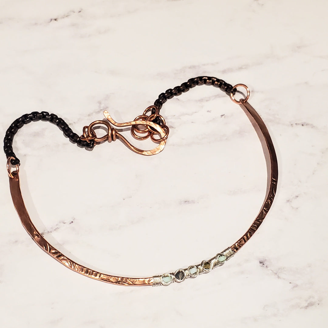 AMD1317 Ergonomic Copper Sculpted Embossed Wire Wrapped Opal Labradorite Gemstone Choker - Choker Necklace - Alexa Martha Designs   