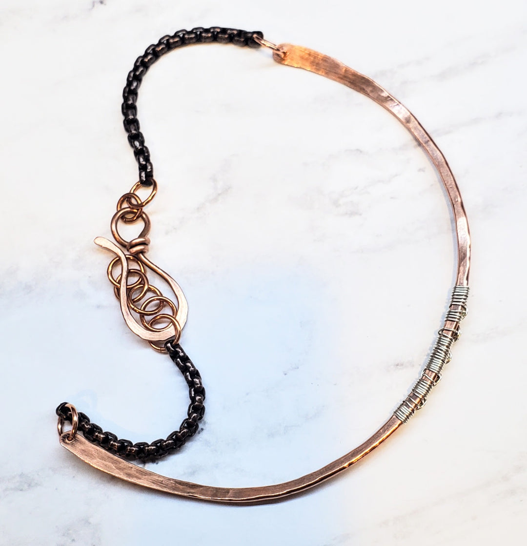 AMD1317 Ergonomic Copper Sculpted Embossed Wire Wrapped Opal Labradorite Gemstone Choker - Choker Necklace - Alexa Martha Designs   