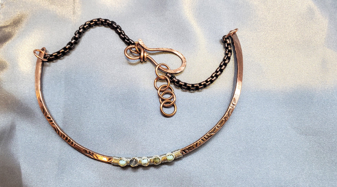 AMD1317 Ergonomic Copper Sculpted Embossed Wire Wrapped Opal Labradorite Gemstone Choker - Choker Necklace - Alexa Martha Designs   