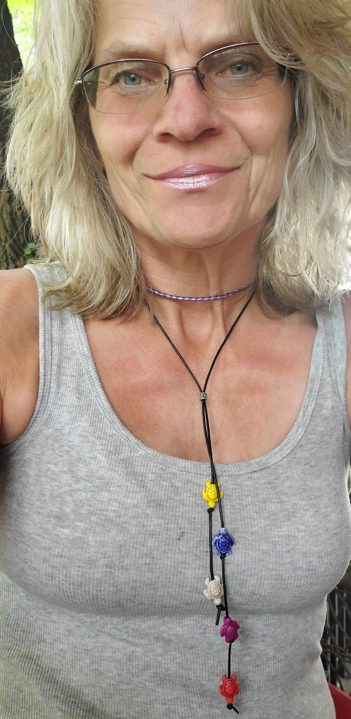 AMD1318-2-AMD1318-3-AMD1318-5 Handmade Black Leather Colored Ceramic Talking Turtle Bolo Necklace - Bolo Necklace - Alexa Martha Designs   