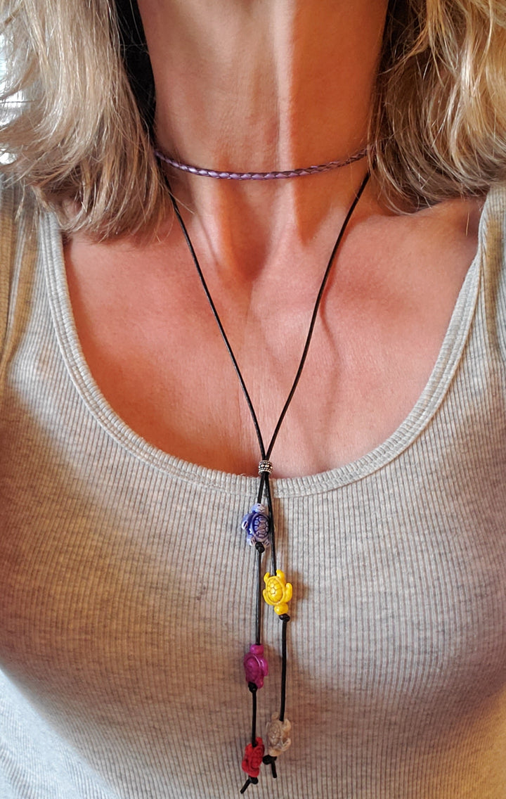 AMD1318-2-AMD1318-3-AMD1318-5 Handmade Black Leather Colored Ceramic Talking Turtle Bolo Necklace - Bolo Necklace - Alexa Martha Designs   