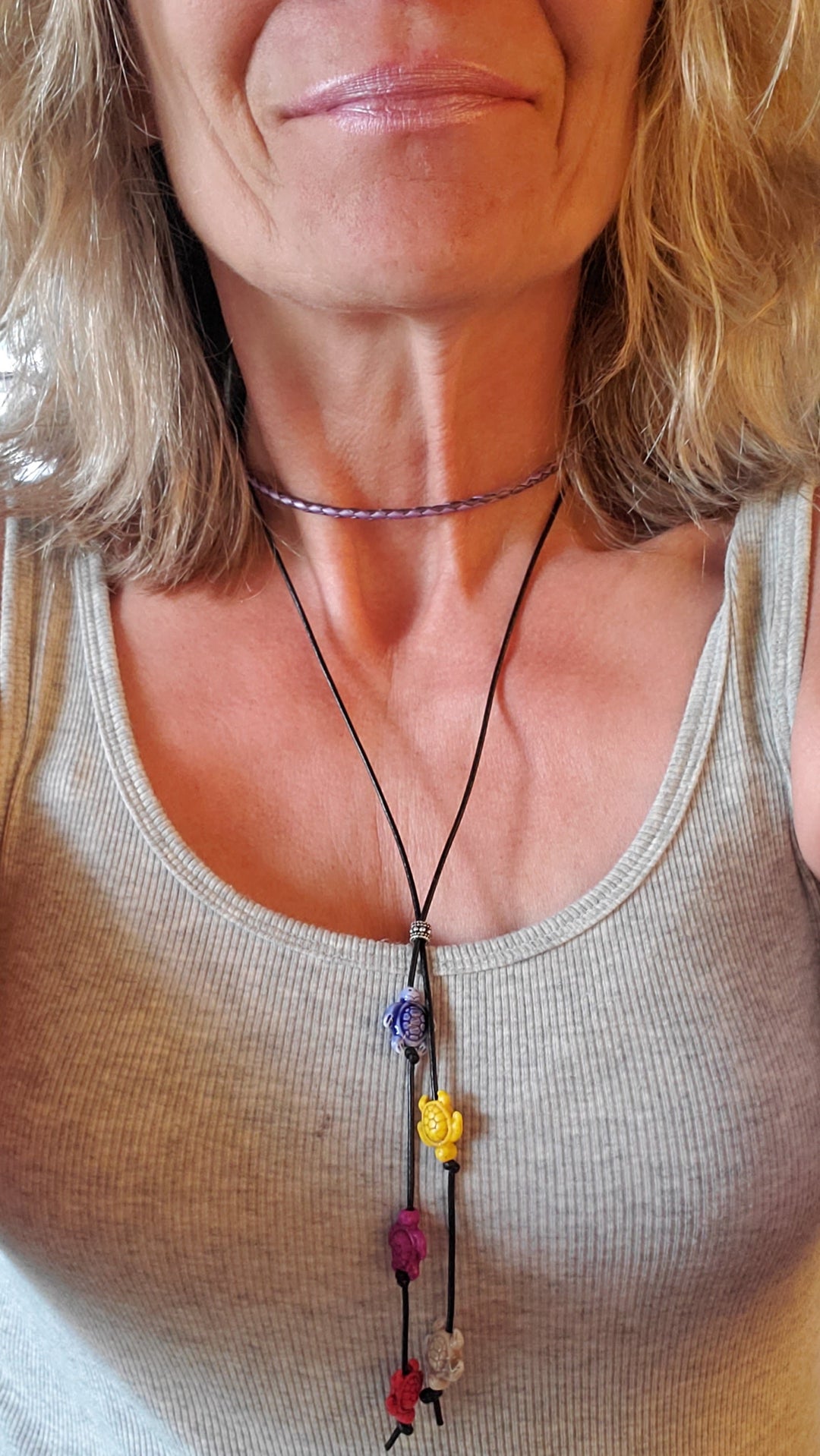 AMD1318-2-AMD1318-3-AMD1318-5 Handmade Black Leather Colored Ceramic Talking Turtle Bolo Necklace - Bolo Necklace - Alexa Martha Designs   