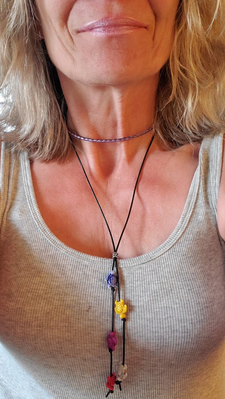 AMD1318-2-AMD1318-3-AMD1318-5 Handmade Black Leather Colored Ceramic Talking Turtle Bolo Necklace - Bolo Necklace - Alexa Martha Designs   