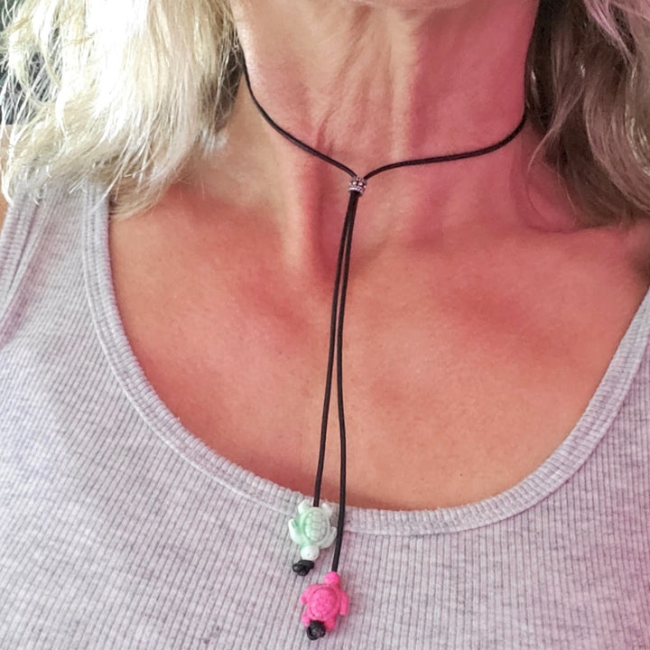 AMD1318-2-AMD1318-3-AMD1318-5 Handmade Black Leather Colored Ceramic Talking Turtle Bolo Necklace - Bolo Necklace - Alexa Martha Designs   