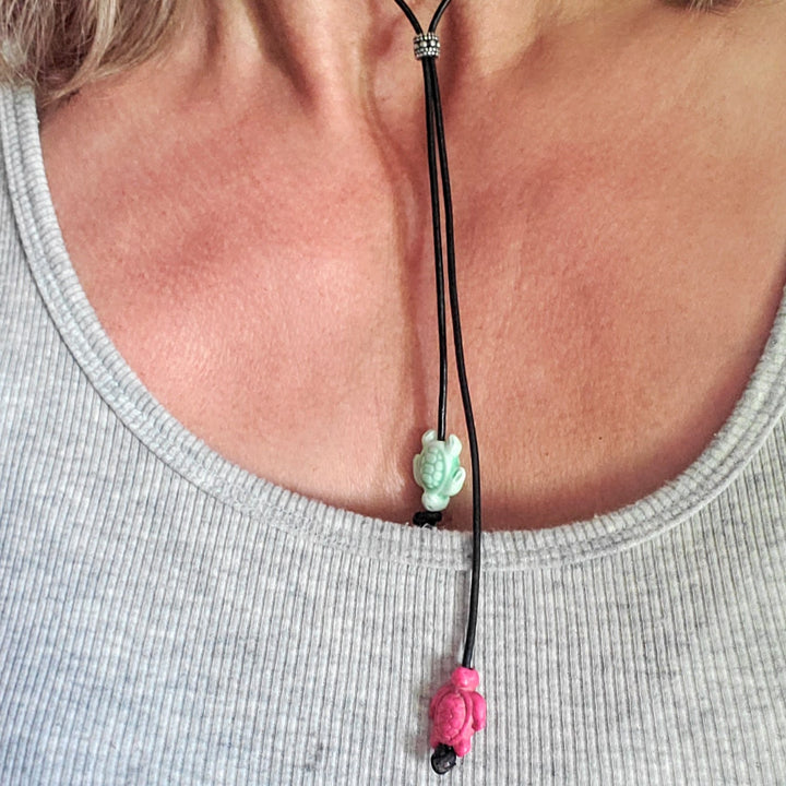AMD1318-2-AMD1318-3-AMD1318-5 Handmade Black Leather Colored Ceramic Talking Turtle Bolo Necklace - Bolo Necklace - Alexa Martha Designs   