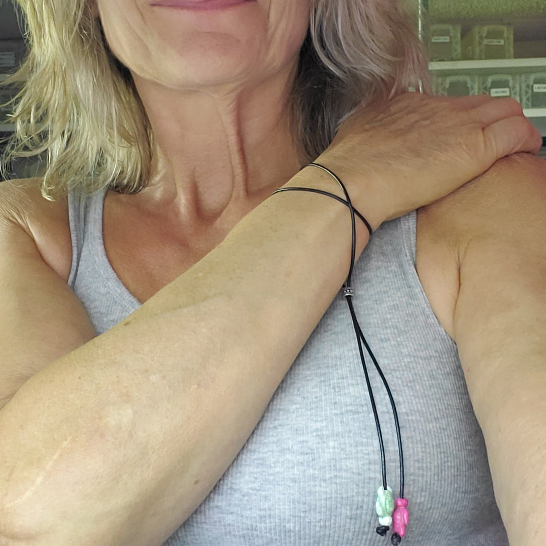 AMD1318-2-AMD1318-3-AMD1318-5 Handmade Black Leather Colored Ceramic Talking Turtle Bolo Necklace - Bolo Necklace - Alexa Martha Designs   