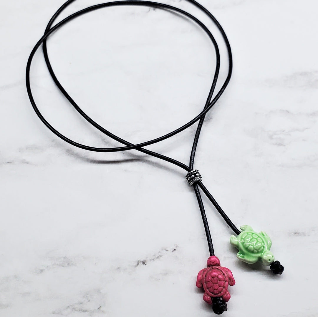 AMD1318-2-AMD1318-3-AMD1318-5 Handmade Black Leather Colored Ceramic Talking Turtle Bolo Necklace - Bolo Necklace - Alexa Martha Designs   
