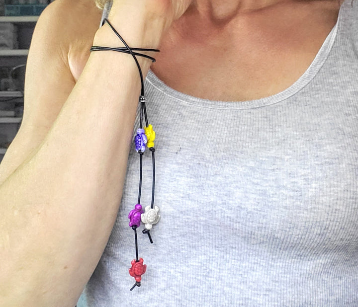 AMD1318-2-AMD1318-3-AMD1318-5 Handmade Black Leather Colored Ceramic Talking Turtle Bolo Necklace - Bolo Necklace - Alexa Martha Designs   