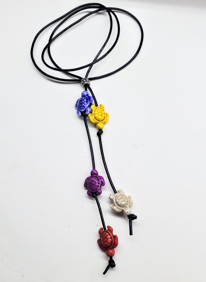AMD1318-2-AMD1318-3-AMD1318-5 Handmade Black Leather Colored Ceramic Talking Turtle Bolo Necklace - Bolo Necklace - Alexa Martha Designs   