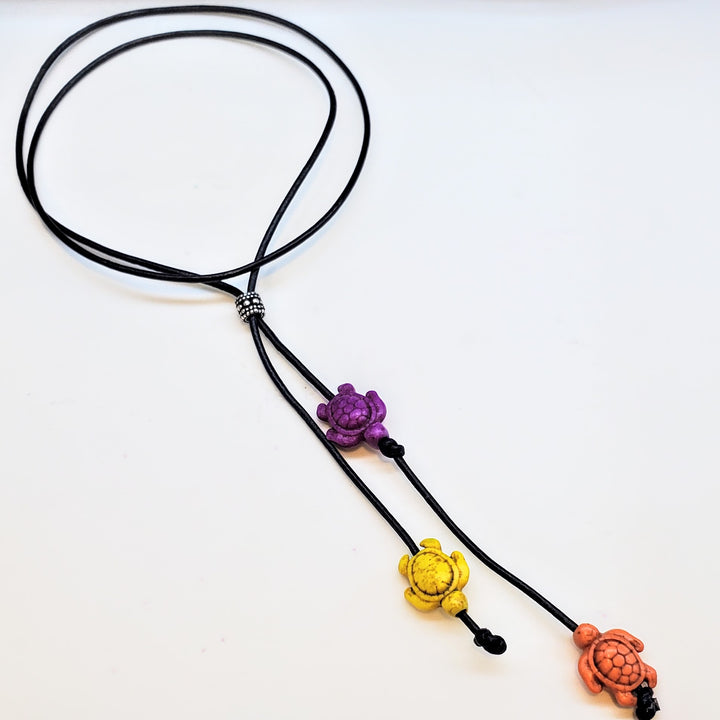 AMD1318-2-AMD1318-3-AMD1318-5 Handmade Black Leather Colored Ceramic Talking Turtle Bolo Necklace - Bolo Necklace - Alexa Martha Designs   
