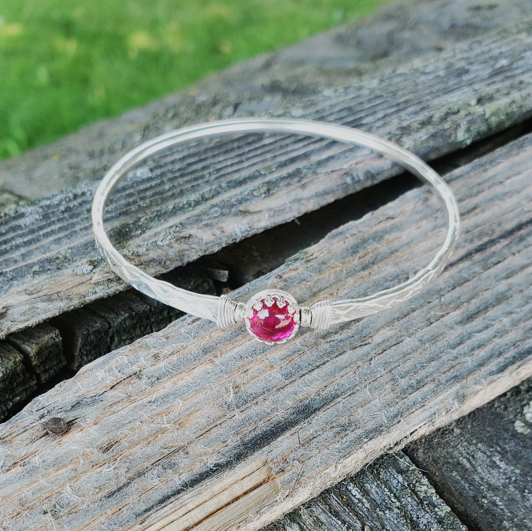 AMD1323 Solid 10 Gauge Silver Hammered Brides Mag Bangle with 8mm Ruby in Victorian Crown Setting - Bangle - Alexa Martha Designs   9930601398576