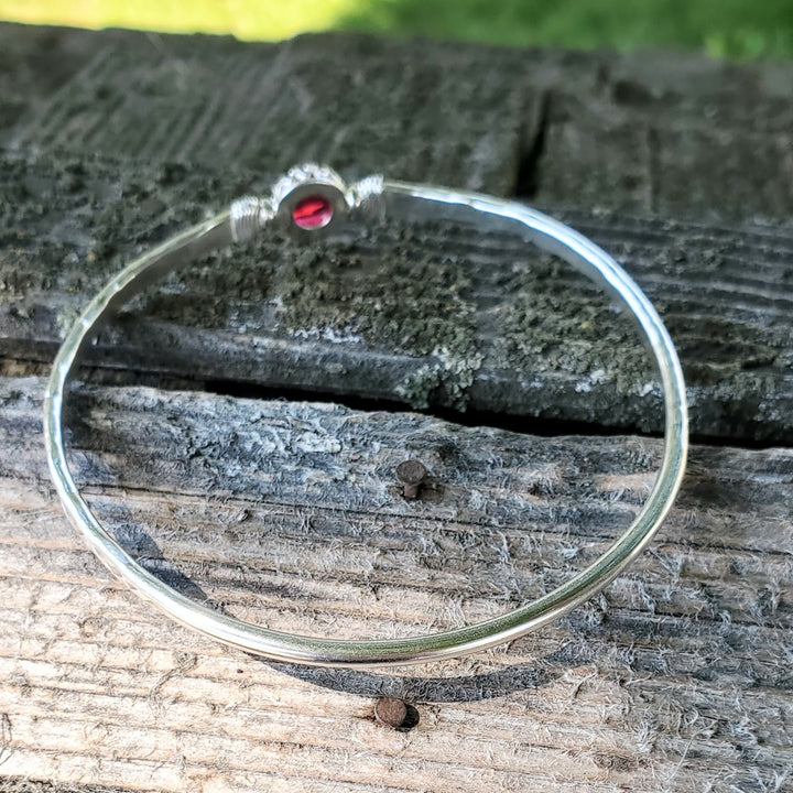 AMD1323 Solid 10 Gauge Silver Hammered Brides Mag Bangle with 8mm Ruby in Victorian Crown Setting - Bangle - Alexa Martha Designs   9930601398576