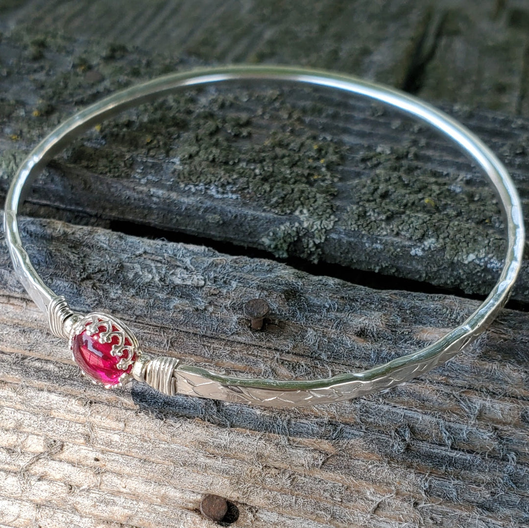 AMD1323 Solid 10 Gauge Silver Hammered Brides Mag Bangle with 8mm Ruby in Victorian Crown Setting - Bangle - Alexa Martha Designs   9930601398576