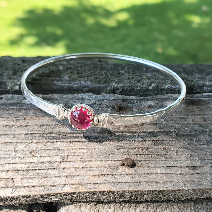 AMD1323 Solid 10 Gauge Silver Hammered Brides Mag Bangle with 8mm Ruby in Victorian Crown Setting - Bangle - Alexa Martha Designs   9930601398576