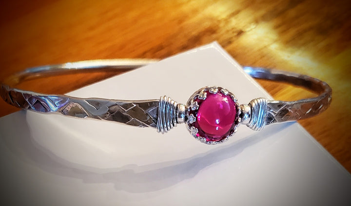 AMD1323 Solid 10 Gauge Silver Hammered Brides Mag Bangle with 8mm Ruby in Victorian Crown Setting - Bangle - Alexa Martha Designs   9930601398576