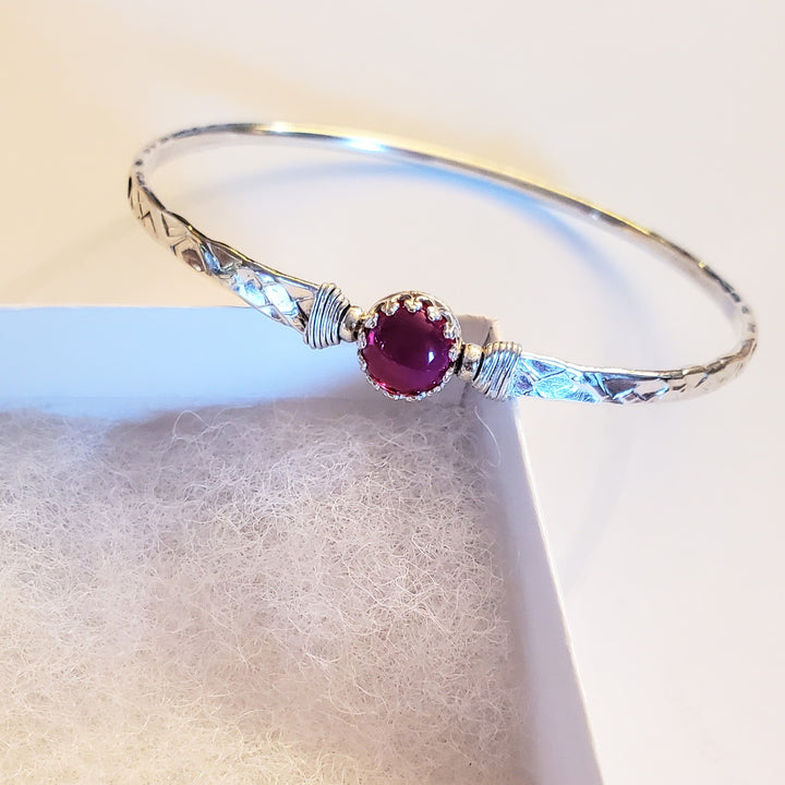 AMD1323 Solid 10 Gauge Silver Hammered Brides Mag Bangle with 8mm Ruby in Victorian Crown Setting - Bangle - Alexa Martha Designs   9930601398576