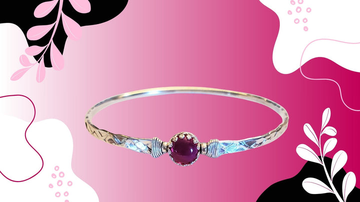 AMD1323 Solid 10 Gauge Silver Hammered Brides Mag Bangle with 8mm Ruby in Victorian Crown Setting - Bangle - Alexa Martha Designs   9930601398576