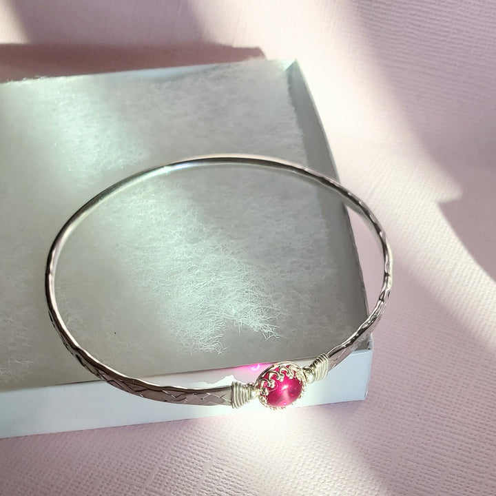 AMD1323 Solid 10 Gauge Silver Hammered Brides Mag Bangle with 8mm Ruby in Victorian Crown Setting - Bangle - Alexa Martha Designs   9930601398576