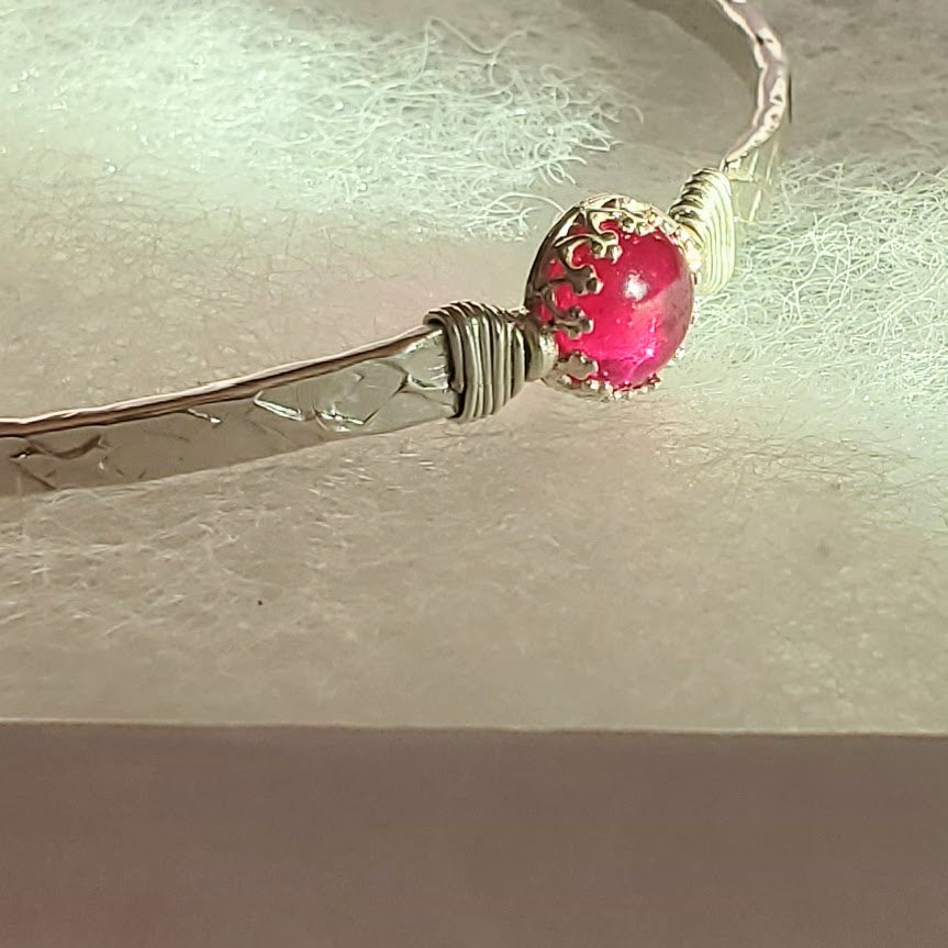 AMD1323 Solid 10 Gauge Silver Hammered Brides Mag Bangle with 8mm Ruby in Victorian Crown Setting - Bangle - Alexa Martha Designs   9930601398576