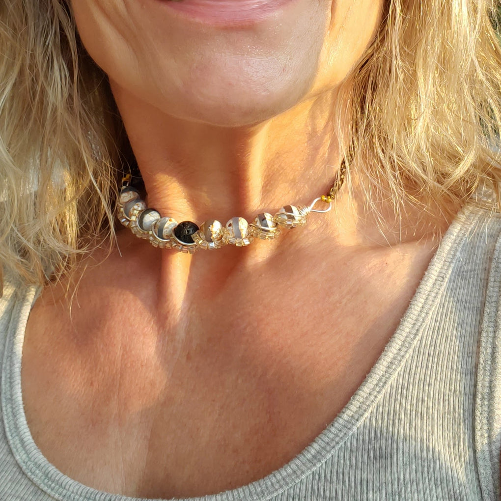 AMD1327 Silver Spiral Twist Wrap Gemstone Lava Rock Macrame Bling Choker - Choker - Alexa Martha Designs   9949642588464