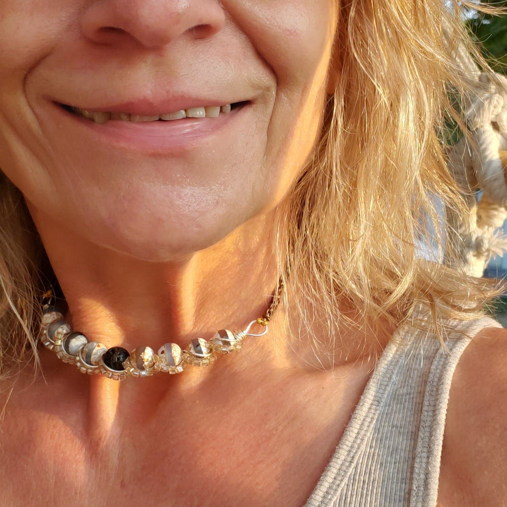 AMD1327 Silver Spiral Twist Wrap Gemstone Lava Rock Macrame Bling Choker - Choker - Alexa Martha Designs   9949642588464
