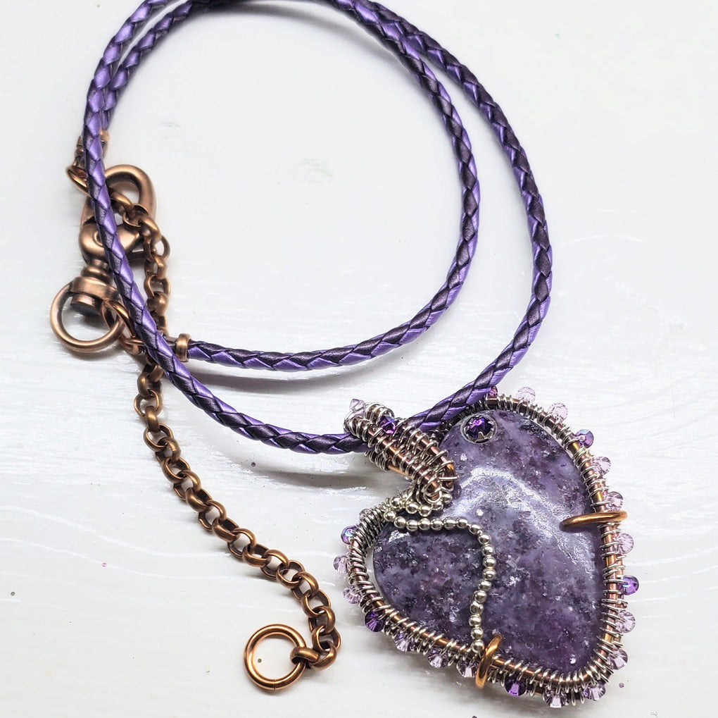 AMD1329 Wire Wrapped Purple Sparkly Lepidolite Heart Copper Silver Crystal Leather Necklace - Necklace - Alexa Martha Designs   9961562177840