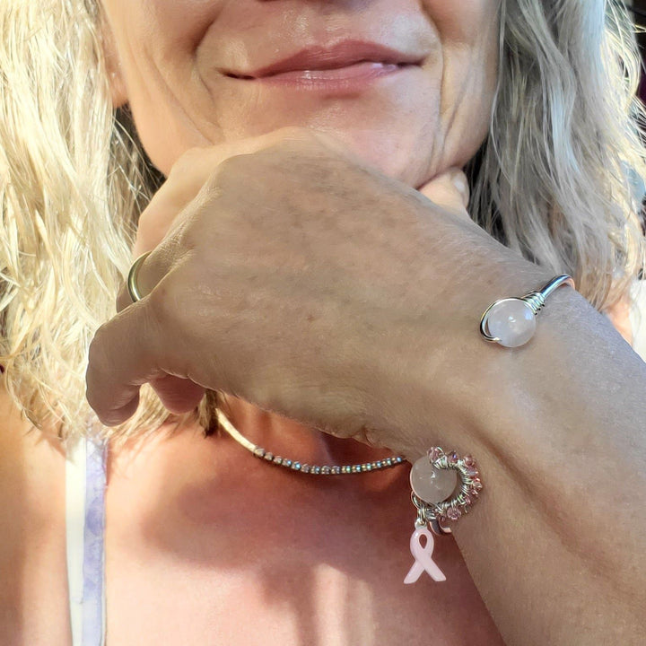 AMD1332 Pink Crystal Breast Cancer Awareness Rose Quartz Bead Ball End Cuff - Cuff Bracelet - Alexa Martha Designs   9969011032368