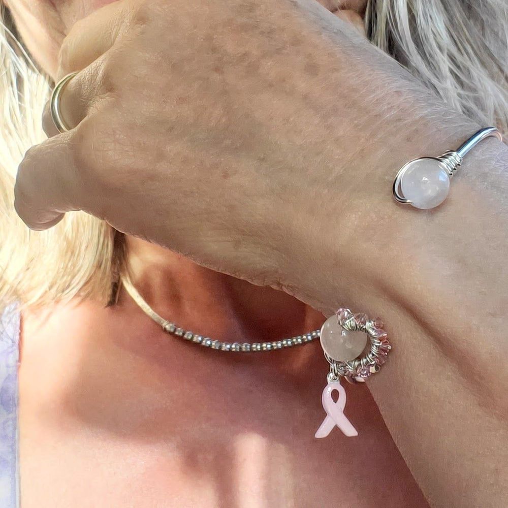 AMD1332 Pink Crystal Breast Cancer Awareness Rose Quartz Bead Ball End Cuff - Cuff Bracelet - Alexa Martha Designs   9969011032368
