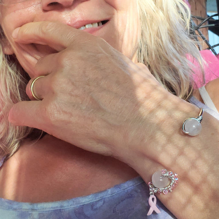 AMD1332 Pink Crystal Breast Cancer Awareness Rose Quartz Bead Ball End Cuff - Cuff Bracelet - Alexa Martha Designs   9969011032368
