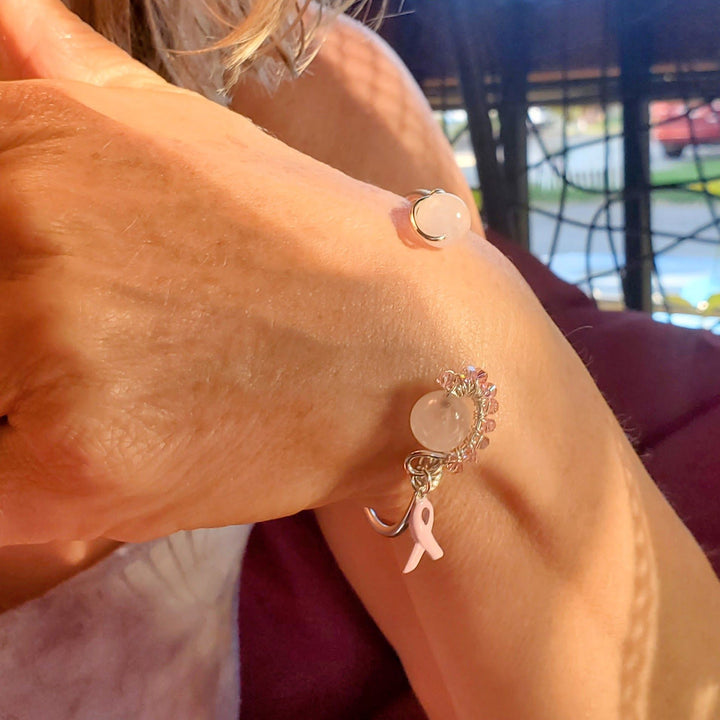 AMD1332 Pink Crystal Breast Cancer Awareness Rose Quartz Bead Ball End Cuff - Cuff Bracelet - Alexa Martha Designs   9969011032368