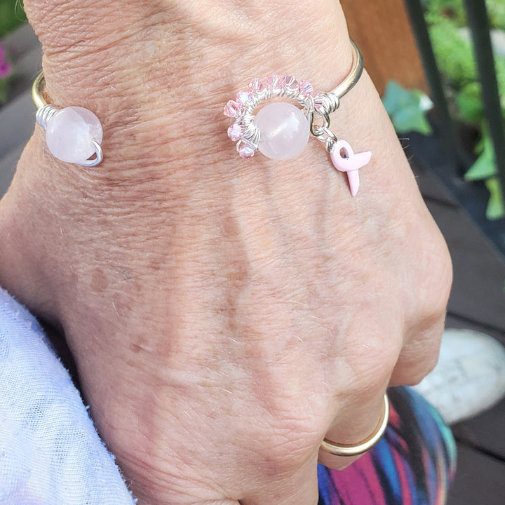 AMD1332 Pink Crystal Breast Cancer Awareness Rose Quartz Bead Ball End Cuff - Cuff Bracelet - Alexa Martha Designs   9969011032368