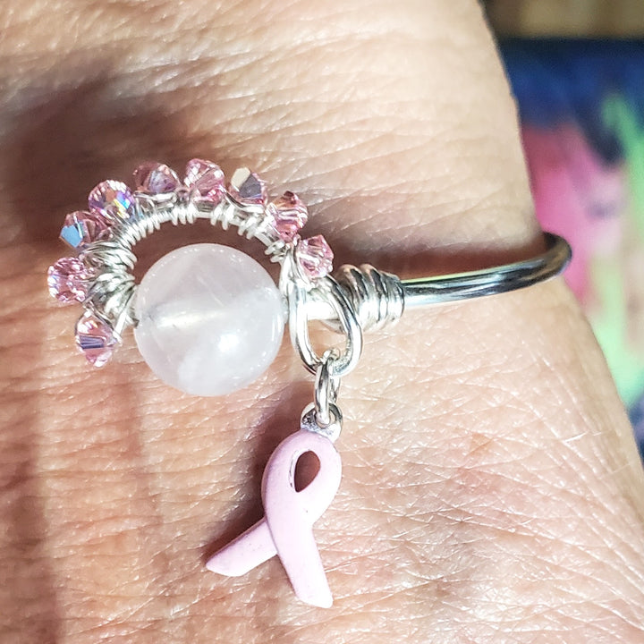 AMD1332 Pink Crystal Breast Cancer Awareness Rose Quartz Bead Ball End Cuff - Cuff Bracelet - Alexa Martha Designs   9969011032368