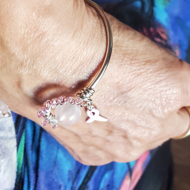 AMD1332 Pink Crystal Breast Cancer Awareness Rose Quartz Bead Ball End Cuff - Cuff Bracelet - Alexa Martha Designs   9969011032368