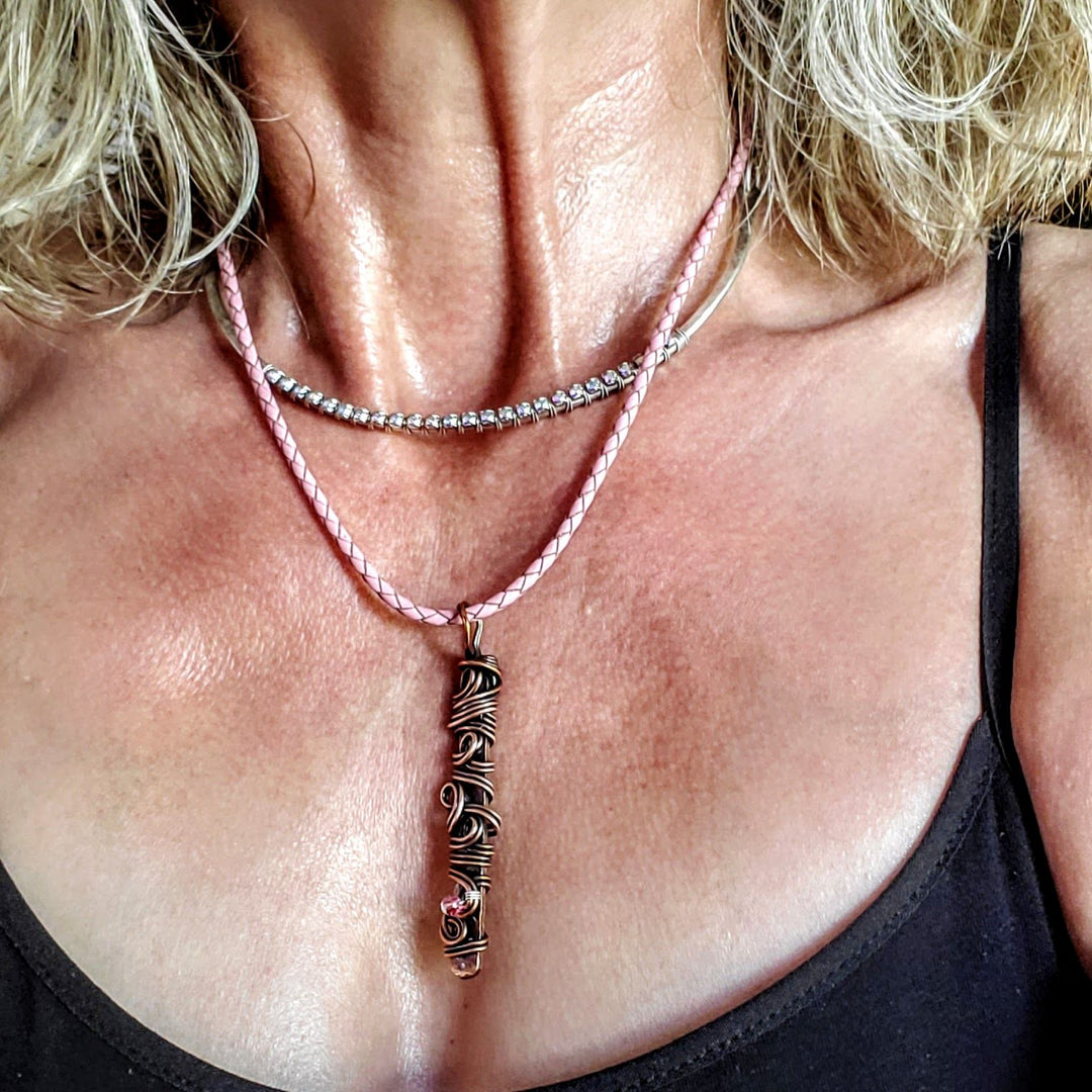 AMD1333 Handmade Wire Sculpted Ribbon Pink Crystal Copper Bar Pendant Necklace - Necklace - Alexa Martha Designs   9969560453424