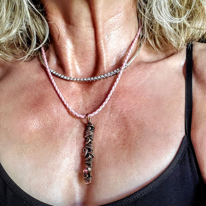 AMD1333 Handmade Wire Sculpted Ribbon Pink Crystal Copper Bar Pendant Necklace - Necklace - Alexa Martha Designs   9969560453424