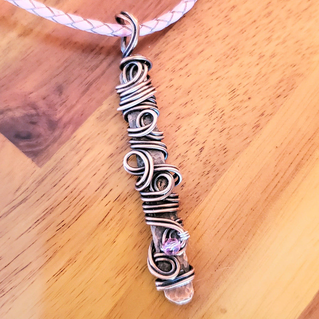 AMD1333 Handmade Wire Sculpted Ribbon Pink Crystal Copper Bar Pendant Necklace - Necklace - Alexa Martha Designs   9969560453424