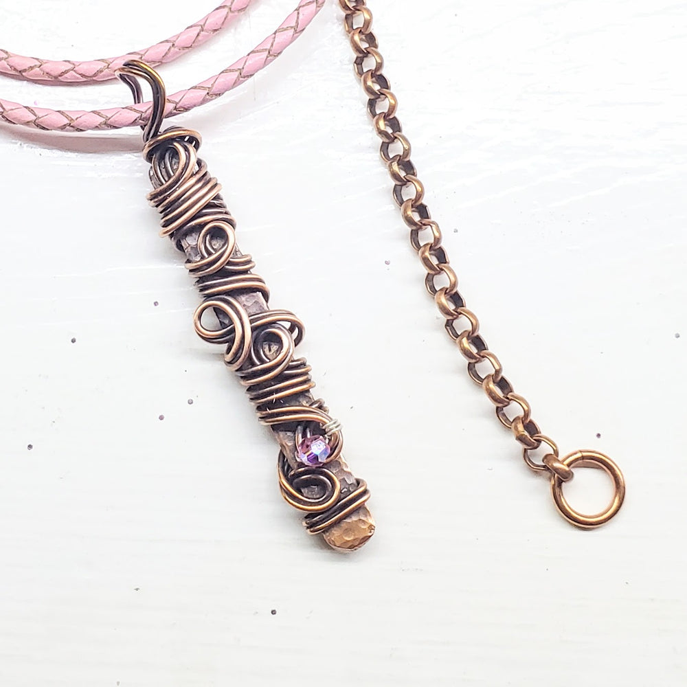 AMD1333 Handmade Wire Sculpted Ribbon Pink Crystal Copper Bar Pendant Necklace - Necklace - Alexa Martha Designs   9969560453424