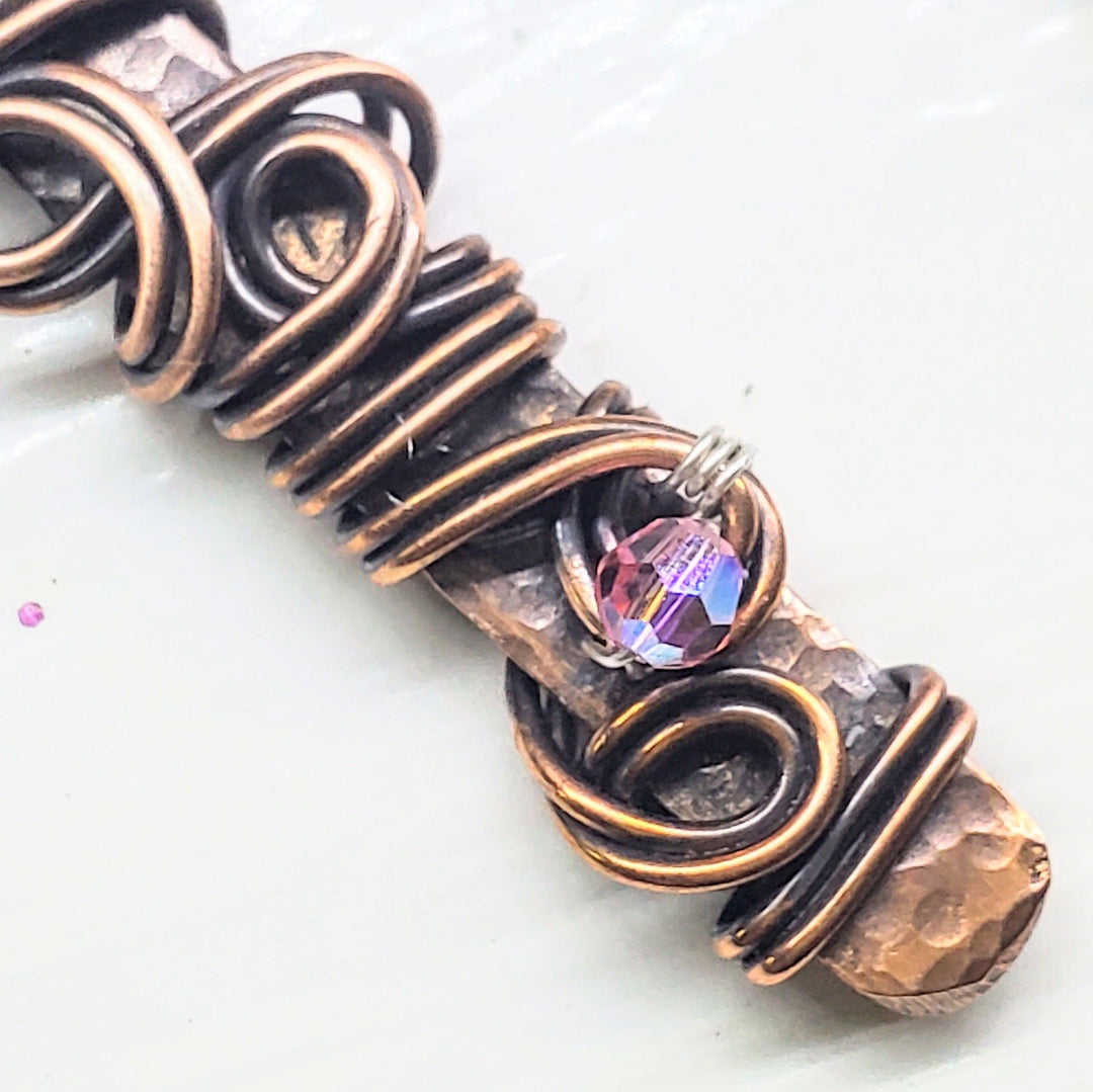 AMD1333 Handmade Wire Sculpted Ribbon Pink Crystal Copper Bar Pendant Necklace - Necklace - Alexa Martha Designs   9969560453424
